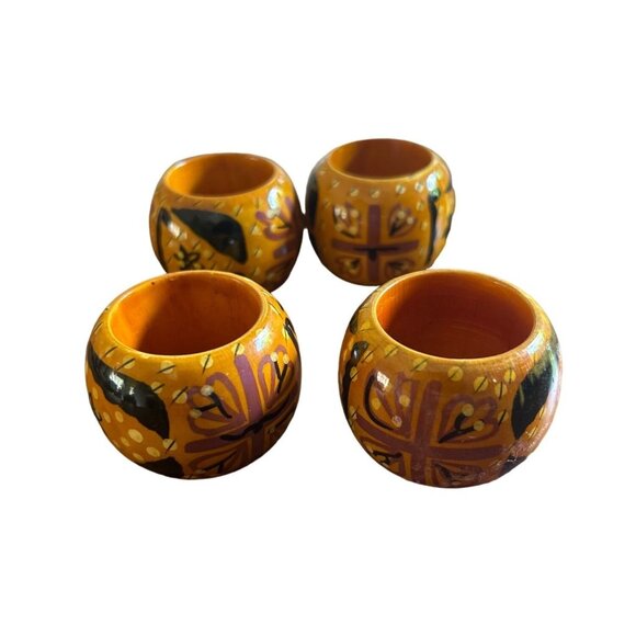 Hand-Painted Napkin Rings Set Of 4 Golden Yellow & Black Made In India - Picture 1 of 6